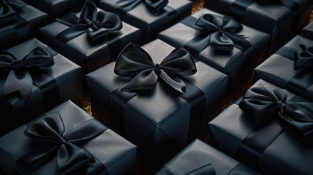 The Black Friday concept. A row of black gift boxes with black bows on them on a golden background. The concept of inheritance. All the boxes are the same size and are located next to each otherの素材