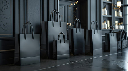 Beautiful stylish black gift paper bags stand in the black interior of a fashionable boutique. The concept of Black Friday. A poster for advertising sales, promotions and discounts. Black paper shopping bags were lined up on the dark floor.の素材