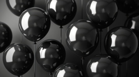 A bunch of black balloons are floating in the air. Black balloons as a symbol of Black Friday. The concept of a holiday sale and discounts. The scene is dark and mysteriousの素材
