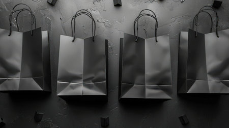 Four black paper shopping bags lie on a black textured surface. The concept of the background for the Black Friday advertisement. A night of sales, discounts and promotions. The packages are the same size and shape, and they all look in the same direction.の素材