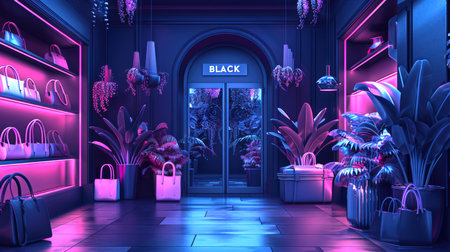 The concept of Black Friday. The stylish interior of the bag store with pink neon lights and tropical potted plants. A night of sales, discounts and promotions. Boutique showcaseの素材