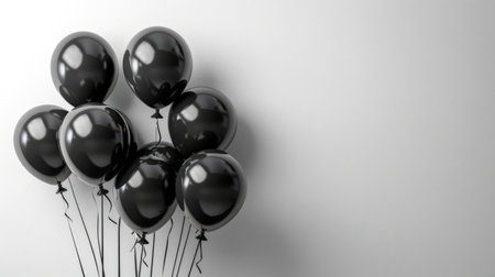 A bunch of black balloons are hanging against a gray wall. The concept of Black Friday. A festive atmosphere for an anniversary, birthday, or any other event. Copy space for textの素材