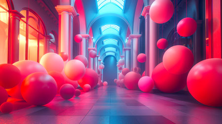 The concept of advertising background design for Black Friday, discounts, promotions and sales. A room with red and pink balloons and a blue ceiling. Balloons are scattered all over the corridor, creating a festive atmosphere.の素材