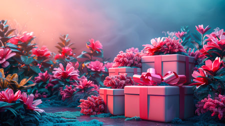 The concept of Black Friday, sales, discounts and promotions. Pink gift boxes with pink bows are surrounded by beautiful tropical pink flowers. Festive background with a copy space.の素材