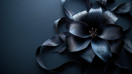 Top view of a beautiful bow in the form of a delicate flower made of black ribbon on a black background. The concept of Black Friday is a night of sales, discounts and promotions. The concept of inheritance. Background for Black Friday adsの素材