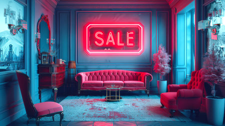 Stylish trendy living room with a pink sofa, coffee table and several armchairs. There is a neon "SALE" sign on the wall. Black Friday concept, a night of sales, discounts and promotionsの素材