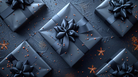Black Friday. Five black boxes with black bows on top of them. The boxes are decorated with gold sequins. The concept of inheritance. The atmosphere of celebration, happiness and magic.の素材