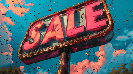 The Black Friday concept. A sign on a pole with the inscription "Sale". A banner about the beginning of seasonal discounts and promotions. The sign is surrounded by garbage, and it is in a post-apocalyptic or dystopian settingの素材