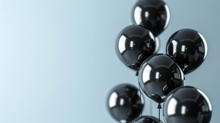 The Black Friday concept. A festive atmosphere. A bunch of black balloons on a gray background. Balloons sparkle and reflect light, giving the impression of a futuristic or high-tech environmentの素材
