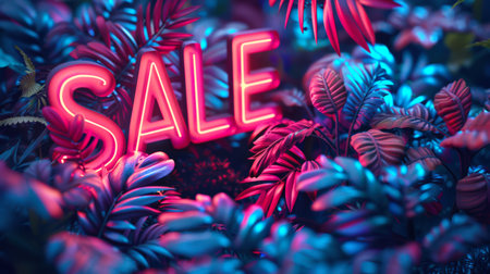 A neon sign reading "Sale" is surrounded by a variety of jungle plants. The concept of Black Friday. The season of discounts and special offers in stores. A banner with a copy space.の素材