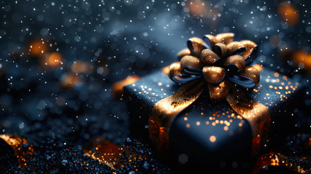 A beautiful black gift box with lush golden bows and gold ribbons is covered with sequins. New Year's background. The Black Friday concept. A backdrop for a Christmas card. Magic.の素材
