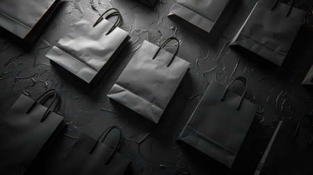 Background for the Black Friday poster advertisement. Top view of several stylish black paper bags lying in a row on a black background. Black shopping bags are displayed in a row on the dark surface. It's time for discounts and sales.の素材