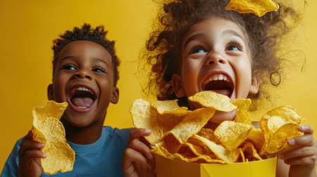 Two black African children are eating potato chips and smiling. The concept of happiness and fun. Fast food. Delicious junk food leading to obesity. A boy and a girl enjoy socializing and having a good timeの素材