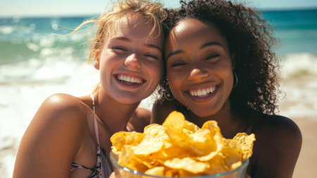 A delicious youth snack. Two young smiling women with a plate of chips on the beach. The scene is happy and carefree. Teenagers are eating crispy potato chips on the beach by the sea. Fast food.の素材