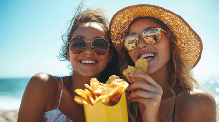 Two stylish young girlfriends are eating potato chips on the beach on a sunny day. Two women in sunglasses are smiling and eating chips by the sea. The scene is carefree and fun. A delicious snack. Fast food.の素材