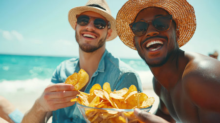 Two interracial gay men eating chips on the beach. Two men are smiling and eating crispy potato chips from a glass bowl. Two happy friends are having fun on the beach. Fast food. The scene is carefree and funの素材