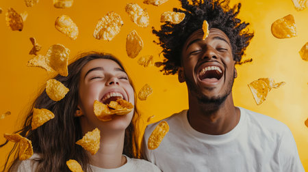 Carefree interracial friends throw potato chips in the air and catch them in their mouths. A man and a woman are eating potato chips and laughing. Fast food. A delicious snack leading to obesity. Junk foodの素材