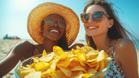 Two lesbian girlfriends are eating potato chips on the beach on a sunny summer day. Two interracial women are smiling and enjoying a vacation by the sea. The scene is carefree and fun. Fast food. Junk food. Delicious snackの素材