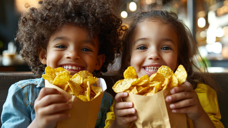 Funny little kids are holding bags of potato chips in a cafe. Happy boy and girl eating delicious crispy chips. The concept of fast food. Junk food. The scene is fun and playfulの素材