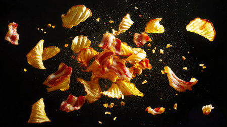 A pile of bacon and potato chips flies into the air on a black background. Delicious fluted potato chips with bacon flavor. Fast food. Unhealthy snacks. food backgroundの素材