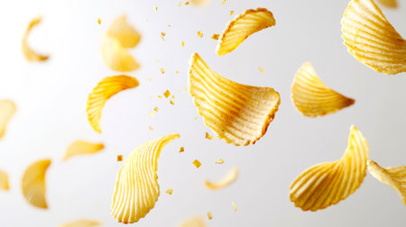 A handful of fluted potato chips is flying through the air. Golden crispy chips are flying in different directions. The concept of chaos and disorder. Fast food. Junk food leading to obesity and health problems.の素材