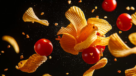 Close-up of a slide of fluted potato chips and red cherry tomatoes floating in the air on a black background. fast food. Chips are scattered all over the image. The scene turned out to be playful and funny. Junk foodの素材