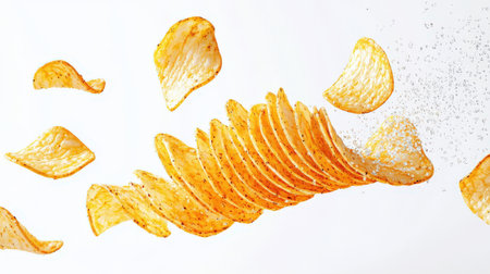Sprinkle a handful of potato chips with salt. A few golden potato chips fly into the air. The concept of fast food. Junk food leading to obesity. food backgroundの素材