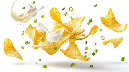 Close-up of potato chips on a white background with drops of sour cream and pieces of green onion. The chips are floating in the air. The concept of chaos and disorder. The problem of obesity. Fast foodの素材