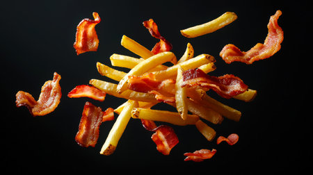 A few pieces of toasted bacon and French fries fly into the air. Golden French fries are mixed with bacon in the air on a black background. Fast food leading to obesity. A bad snack.の素材