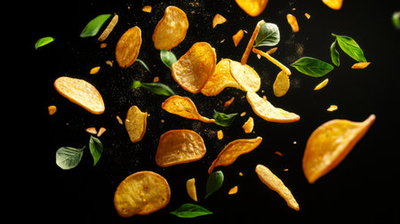 A delicious snack. The problem of obesity. Close-up of crispy potato chips with green leaves scattered around. Golden potato chips with the taste of fragrant greens. Fast food. Junk foodの素材