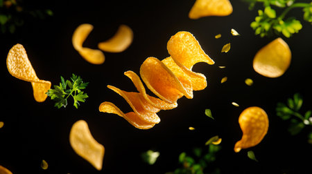 Chips with the taste of fresh greens. Fast food. Close-up of a pile of potato chips with a bunch of green parsley leaves on a black background. The scene turned out to be carefree and playful, as if chips were flying through the air. Junk food.の素材