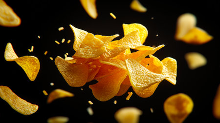 Fragrant potato chips fly into the air on a black background. Close-up of a handful of crispy potato chips. The scene is chaotic and messy, as if the chips are in a mess. Fast food. Junk foodの素材