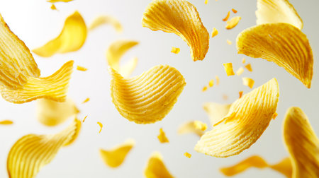 Food background. A few potato chips are floating in the air on a white background. Background of golden crispy potato chips. Fast food. Junk food.の素材