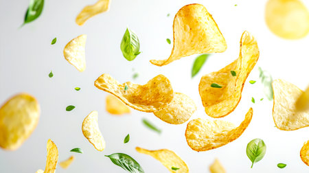 Chips with the taste of fresh greens. Fast food. Junk food. A bunch of crispy potato chips are flying through the air, and green basil leaves are scattered around them. The idea of fun and playfulness, as if chips are having a party or holidayの素材