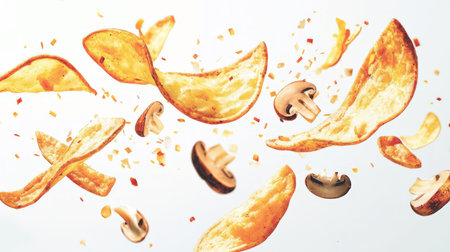 Close-up of golden potato chips and mushrooms. Crispy chips with the taste of fried mushrooms. Fast food. Junk food. Food background.の素材