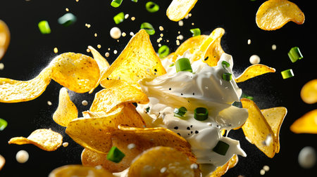 Potato chips with sour cream and green onion flavor. Fast food. Junk food. A mix of chips and pieces of green onions, on which a little sour cream falls on top. Chips fly through the air, creating a sense of chaos and excitement.の素材