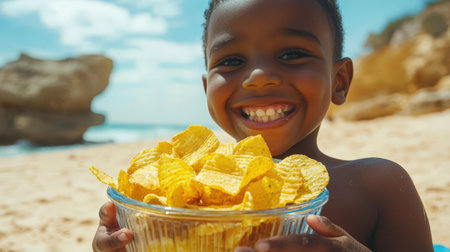 Fast food. A little black boy on the beach holds a glass bowl with crispy, fluted potato chips in his hands. Unhealthy food. He smiles and enjoys his delicious snack. Overeating and obesityの素材