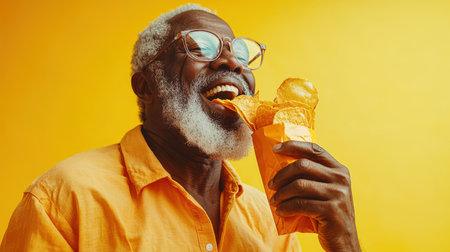 A delicious snack. A black happy gray-haired old man enjoys crispy potato chips. An elderly African man with glasses eats chips from a bag on a yellow background. Fast food. Junk foodの素材
