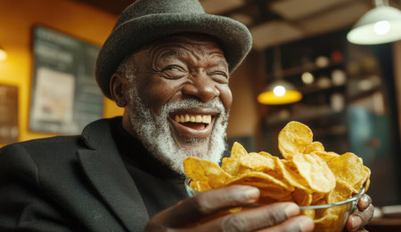 A funny elderly black man in a black suit and hat holds a plate of crispy potato chips in his hands. The scene is fun and carefree. A gray-haired grandfather eats chips in a cafe. Fast food. Junk foodの素材