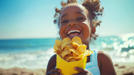 A cheerful curly-haired young black girl laughs and holds a bag of chips on the beach by the sea on a sunny clear day. The concept of happiness and enjoyment when a child has a good time eating his delicious snack. Junk foodの素材