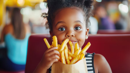 Funny black girl eating French fries in a cafe. A young African girl eats delicious fragrant French fries from a paper bag. She smiles and enjoys her takeaway. American traditional food. Fast foodの素材