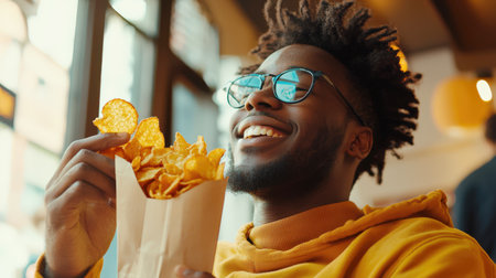 A happy black man eats fragrant crispy potato chips from a paper bag and smiles. Fast food. He's wearing glasses and a yellow sweater. The scene looks happy and relaxed. Junk food leading to obesityの素材