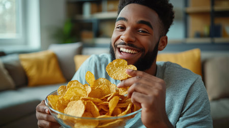 A happy African man is eating potato chips while sitting in a room. A black man with a beard, smiling, eats crispy chips from a glass bowl. Fast food. Junk food leading to obesity and health problems. A cozy living room.の素材