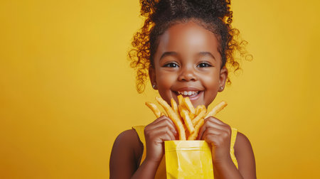 A pretty young black African girl holds a bag of French fries in her hands and smiles. Fast food. American food. Takeaway food. The concept of happiness and enjoyment when a girl enjoys eating her French friesの素材