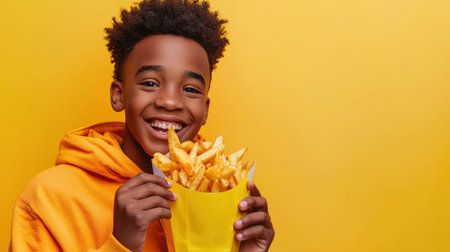 A smiling black African teenager holds a yellow bag of French fries in his hands. Fast food. Takeaway food. American traditional food. The yellow background gives the image a cheerful and warm atmosphereの素材