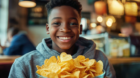 A black happy smiling teen is eating potato chips in a cafe. The scene is fun and carefree. An African student enjoys a delicious youth snack. Fast food. Junk food leading to obesity and overeatingの素材