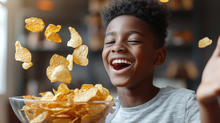 A black teenager throws his hands up in a fit of joy that potato chips are floating in the air. An African boy is smiling, eating crispy chips and watching a movie. The scene is fun and playful. Fast food. Junk foodの素材