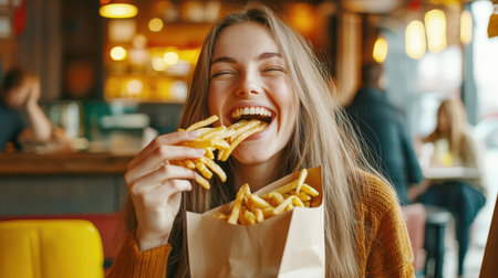A schoolgirl girl eats French fries in a cafe and laughs. A teenage girl enjoys her delicious snack. Fast food. National American food. Junk food leading to overeating and obesityの素材