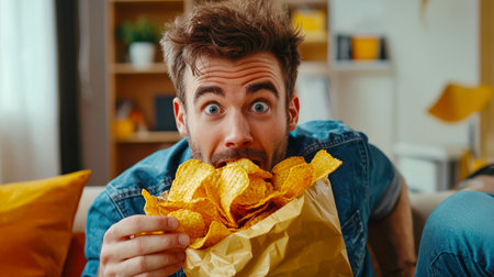 A surprised man is eating crispy potato chips while sitting on the couch. He watches a football match and cheers for his favorite team. The scene is laid-back, the man enjoys a delicious snack in a cozy home environment. Fast foodの素材