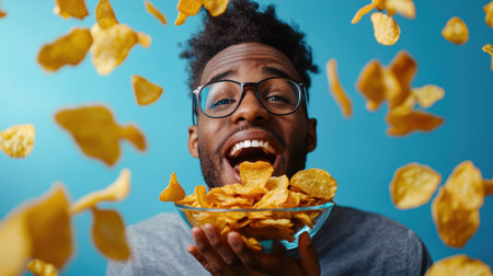 Golden chips fly through the air. A black student holds a plate of potato chips on a blue background in his hand. An African man eats chips and smiles. The idea of joy and indulgence when a man enjoys his delicious snackの素材